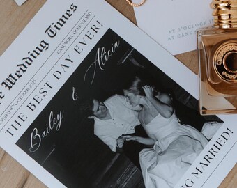 Vorlage für ein Hochzeitsprogramm im Zeitungsstil | Vintage-Stil, in Canva bearbeitbar (Sofort-Download)