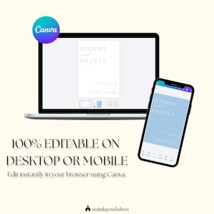 K&ouml;nnte beinhalten: Ein Laptop und ein Smartphone zeigen eine Hochzeitseinladungsvorlage mit den Namen Daniel und Olivia. Der Text 100% EDITABLE ON DESKTOP OR MOBILE und Edit instantly in your browser using Canva ist sichtbar. Ein Canva-Logo befindet sich oben links.