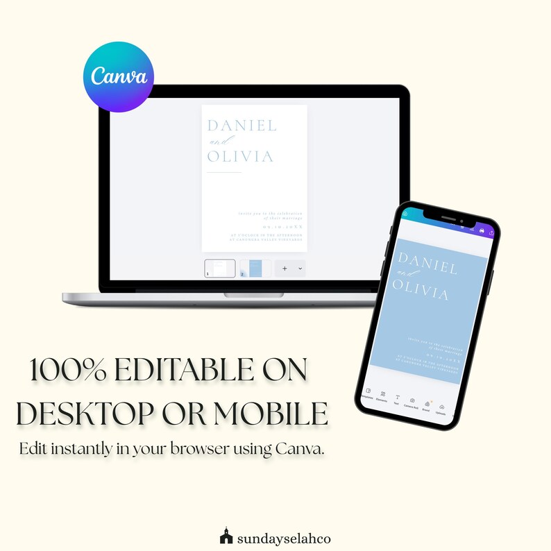 K&ouml;nnte beinhalten: Ein Laptop und ein Smartphone zeigen eine Hochzeitseinladungsvorlage mit den Namen Daniel und Olivia. Der Text 100% EDITABLE ON DESKTOP OR MOBILE und Edit instantly in your browser using Canva ist sichtbar. Ein Canva-Logo befindet sich oben links.