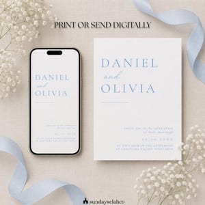 K&ouml;nnte beinhalten: Eine wei&szlig;e Hochzeitseinladungskarte und ein Smartphone, das dasselbe Design mit dem Text DANIEL and OLIVIA, invite you to the celebration of their marriage, 09.10.20XX, at 3 o'clock in the afternoon at Canungra Valley Vineyards anzeigt.