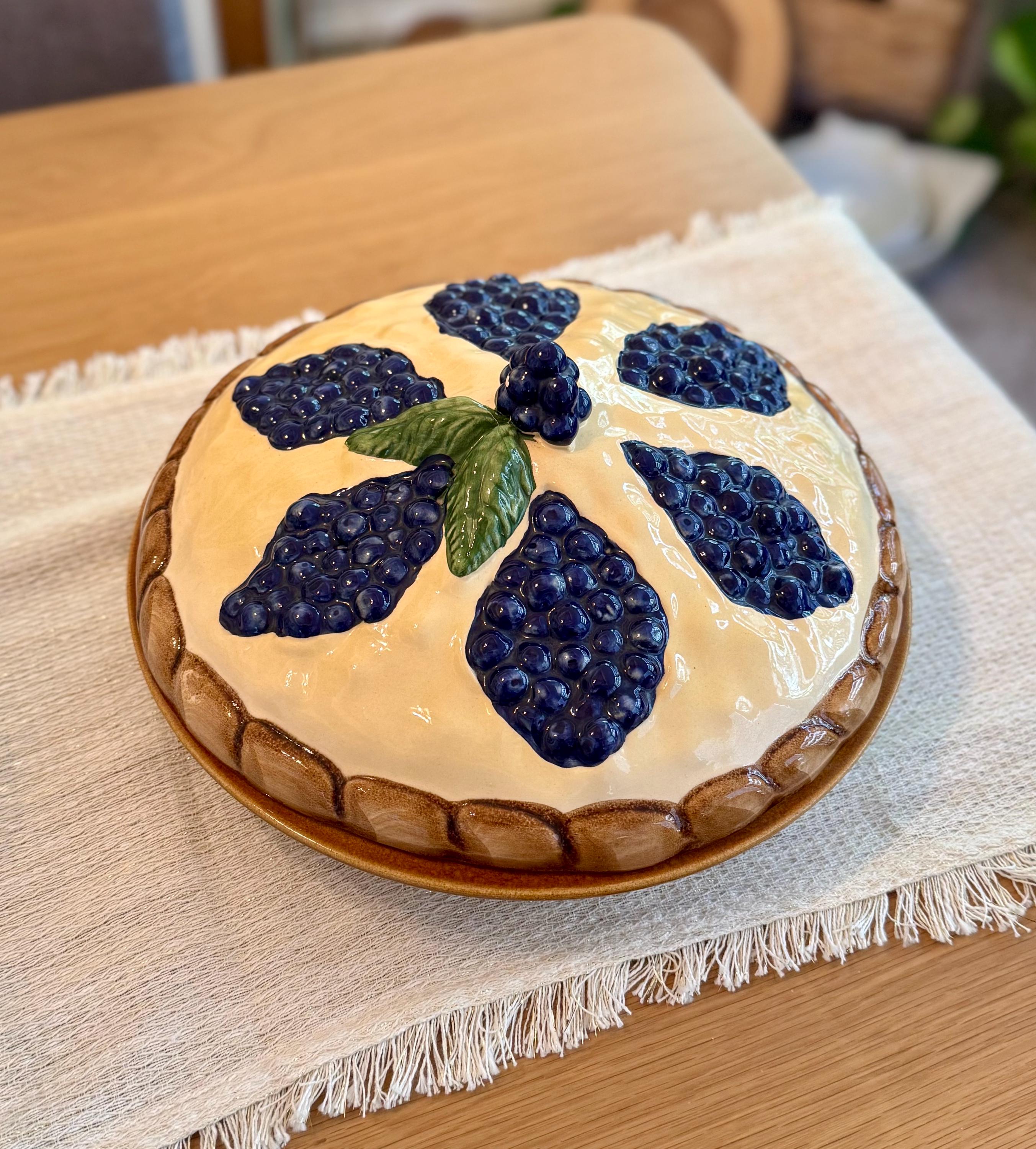 60’s Vintage Hand Painted Ceramic Blueberry 12” Pie Plate w Lid by Over and Back Inc.