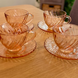 Vintage Arcoroc Rosaline Pink Swirl Glass Cups and Saucers - Set of 4