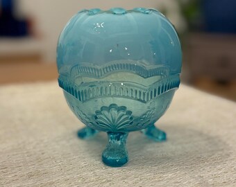 Antique Model Flint Glass Co Wreath & Shell Footed Rose Bowl Manila Light Blue Opalescent Vase, Candle Holder