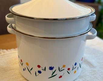 Vintage Floral Tulip Ceramic Stock Pot Set with 2 Steamer Inserts and Lid
