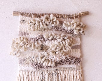 Cream + Beige Loop Design Woven Wall Hanging | Neutral Earth Toned | w/ Recycled, Wool Yarn | Handmade Handicraft | Large