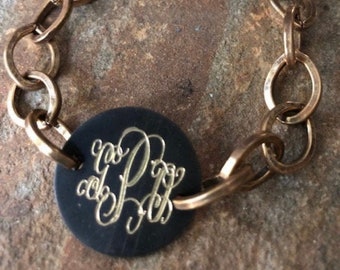 Monogram Gold Oval Link Bracelet-Gold Link Bracelet-Jewelry-Bride-Bridesmaid-Engraved-Acid Washed(Gold Oval Link Bracelet)