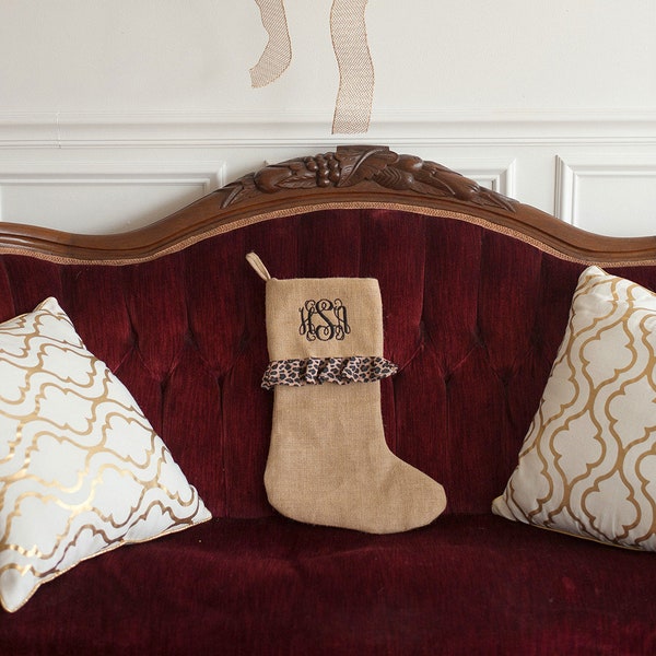 Cheetah Ruffle Burlap Christmas Stocking-Monogram included-Ruffle Stocking-Christmas Stocking