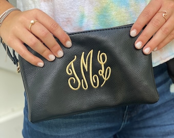 3 Compartment Black Monogram Wristlet~Vegan Leather Wristlet~Personalized Wallet~Monogrammed Crossbody 2 in 1 bag