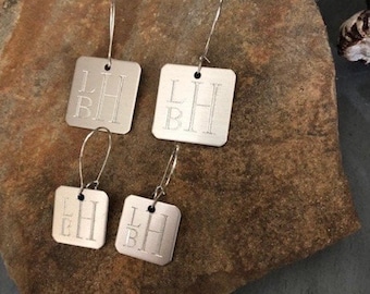 Medium Square Dangle Earrings- Gold or Silver -Engraved Earrings-Monogram Earrings-Square