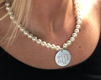 Necklace, Pearl, gold, silver, monogrammed, engraved, wedding, bride, bridesmaid (New Pearl Necklace)