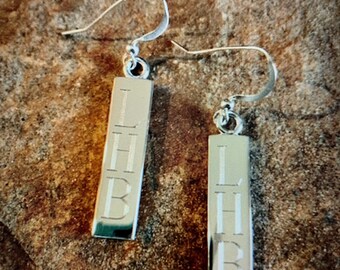 Ginny's Silver Bar Earrings- (Earring, Silver, Bar, vertical rectangle, engraved, personalized, graduation)