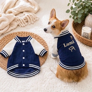 Peut inclure: Une veste pour chien côtelée bleu marine et blanche avec une fermeture à boutons et des bordures rayées. La veste présente le nom brodé Lumi et une icône de chien en ligne simple au dos. Le vêtement est montré à plat et porté par un Corgi.