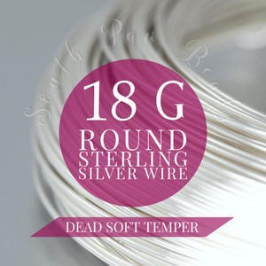 May include: A spool of round sterling silver wire, 18 gauge, with a dead soft temper. The wire is tightly wound, and a magenta circle displays the product details. The words "South Paw Beads" are faintly visible in the background.