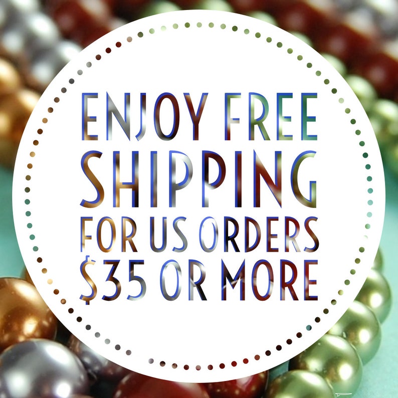 May include: White circle with a dotted border and the text "ENJOY FREE SHIPPING FOR US ORDERS $35 OR MORE" in blue and red letters. The circle is surrounded by a variety of pearl-like beads in different colors.