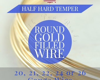 14K Gold filled ROUND wire, Half Hard temper, 20, 21, 22, 24, 26 gauge wire wrapping art supplies, 3 Feet (91cm)
