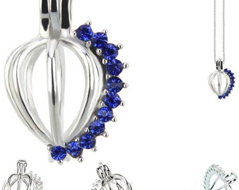 USA | Silver plated pearl Cage HEART w/Sapphire Blue crystals pendant only | or U Pick w/plated chain | *MERZIEs*