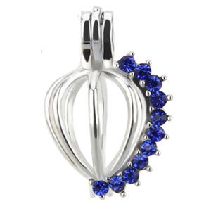 USA | Silver plated pearl Cage HEART w/Sapphire Blue crystals pendant only | or U Pick w/plated chain | *MERZIEs*