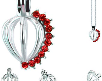 USA | Silver plated pearl Cage Valentine's HEART w/RED crystals pendant only | or U Pick w/plated chain | *MERZIEs*