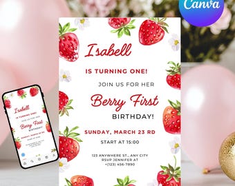 Editable Berry First Strawberry Birthday Invitation, Red Strawberry Birthday Invite, Birthday Invitation Template, Girl Birthday Invite