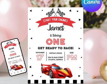 Editable Race Car Birthday Invitation, Racecar Party, Racing Party, Boys Invitation, Sport Race Car Invite, Car Birthday, Canva Template