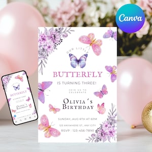 Convite de aniversário de borboleta | Convite editável para festa de menina | Cartão floral para impressão | Download instantâneo do arquivo editável do Canva