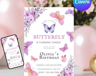 Butterfly Birthday Invitation | Editable Girl Party Invite | Printable Floral Card | Instant Download Canva Editable File