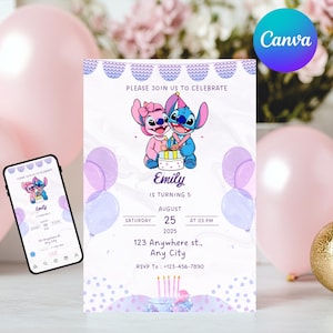 Stitch Birthday Party Invitation Template | Editable Cartoon Bday Evite & Fun Canva Design for Kids Party, Instant Download