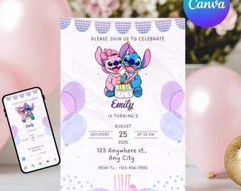 Stitch Birthday Party Invitation Template | Editable Cartoon Bday Evite & Fun Canva Design for Kids Party, Instant Download