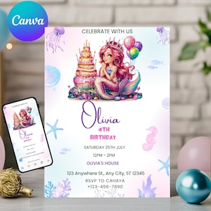 Editable Mermaid Tail Birthday Invitation Girl, Mermaid Bash Under the Sea Birthday Invite, Mermaid Party Invite, Mermaid Invitation, Canva
