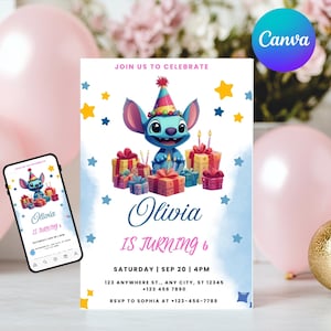 Bearbeitbare Stitch-Geburtstagseinladungsvorlage, druckbare Einladungen zur Geburtstagsfeier, digitale Kinderparty-Einladung Jungen- und Mädchen-Geburtstagskarte Evite