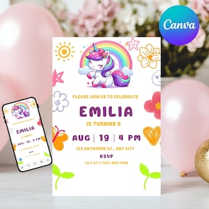 Unicorn Rainbow Girl’s Birthday Party Digital Invitation Template, Pink Unicorn Invite, Printable Digital Woman Electronic Party Invite