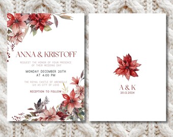 May include: A wedding invitation with a winter theme. The invitation features a watercolor illustration of red poinsettias and greenery. The text reads "Anna & Kristoff" and includes the date and time of the wedding. The invitation also includes the location of the wedding, "The Royal Castle of Arendelle, 123 45 City of Love".