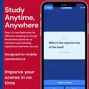 Könnte beinhalten: Ein Smartphone-Bildschirm zeigt eine App für Lernkarten zum Staatsbürgerschaftstest. Die App stellt die Frage: "Was ist das oberste Gesetz des Landes?" mit Optionen zum Überprüfen und Navigieren. Der Text wirbt für das Lernen jederzeit und überall.