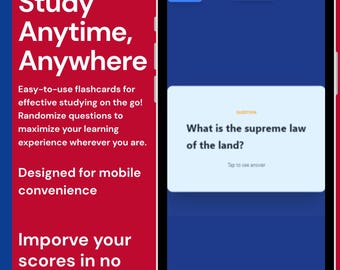 May include: A smartphone screen displays a civics test study flashcard app. The app features a question, "What is the supreme law of the land?" with options to review, and navigate. Text on the screen promotes studying anytime, anywhere.