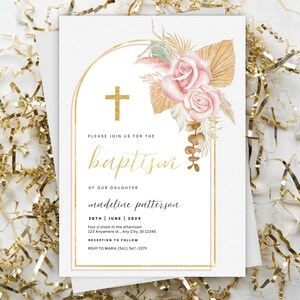 Pampas Grass Taufeinladung BOHO Bearbeitbare Einladungsvorlage Pink Rose Gold Taufeinladung Taufe Vorlage Taufe Taufe