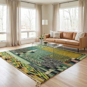 Custom Moroccan Wool Rug, Handmade Abstract Berber Style Rug, Green Yellow Patchwork Shag Area Rug, Custom Sizes