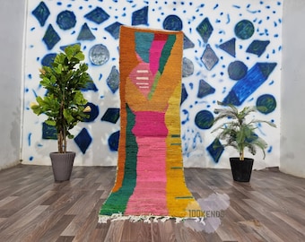 Handwoven Colorful Moroccan Runner Rug - Pink, Orange, Green | Berber Runner Carpet |Gorgeous Moroccan Runner Rug | Moroccan Shag Rug Runner