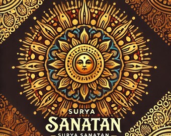 May include: A gold mandala with a sun face in the center. The mandala is surrounded by a black background with gold and white geometric patterns. The text "SURYA SANATAN - SURYA SANATAN - etsy" is below the mandala.