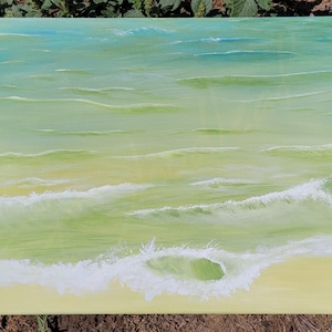 Abstrakcyjne fale oceanu | Średni obraz akrylowy [Bez ramy | 11×14 cali | Rozciągnięte płótno] „Zielony brzeg oceanu”