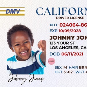 May include: California driver's license featuring a photo of a smiling child. The license includes the name Johnny Jones, date of birth, and other details. The child's height is 3'02" and weight is 45lb.