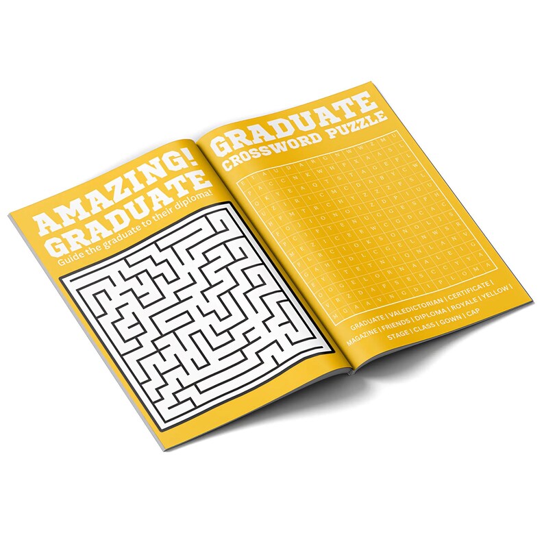May include: A yellow booklet with a maze and a crossword puzzle. The booklet has the text "AMAZING! GRADUATE" and "GRADUATE CROSSWORD PUZZLE" on the cover. The text "Guide the graduate to their diploma" is also on the cover.