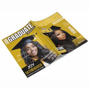 May include: A gold and black graduation program with the text "2025 GRADUATE" and "Joy Yale" on the cover. The program includes the date "SAT 16 MARCH" and the location "19 OAKWOOD AVENUE SPRINGFIELD CA 1234".