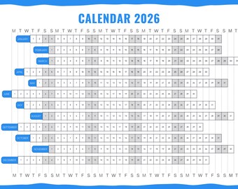 2026 Yearly Wall Calendar Canva Template | A1 Landscape Calendar | Minimal Modern Year at a Glance Planner