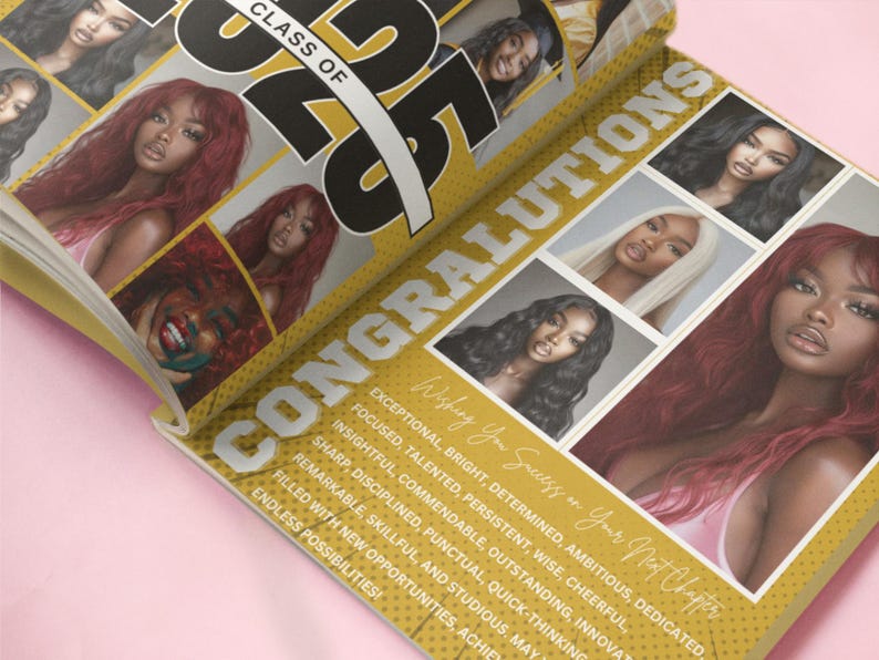May include: A yellow and black graduation yearbook with the text "Class of 2023" and "Congratulations" on the cover. The yearbook features photos of several young women.