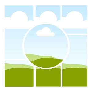 Puede incluir: Una ilustración digital que presenta una escena de paisaje con un cielo azul y nubes blancas. La imagen está dividida en secciones, con un marco circular en el centro que resalta una porción de las colinas verdes.