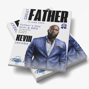 Peut inclure: Pile de magazines pour la fête des pères. La couverture affiche « GREAT FATHER » avec la date « 11 JUIN 2025 » et le nom « KEVIN Jacobs ». Le texte supplémentaire comprend « Father's Day Grill & BBQ ».