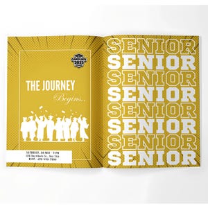 May include: A yellow and white graduation invitation with the text "The Journey Begins..." and a silhouette of a group of people throwing their caps in the air. The text "Senior" is repeated eight times on the right side of the invitation.