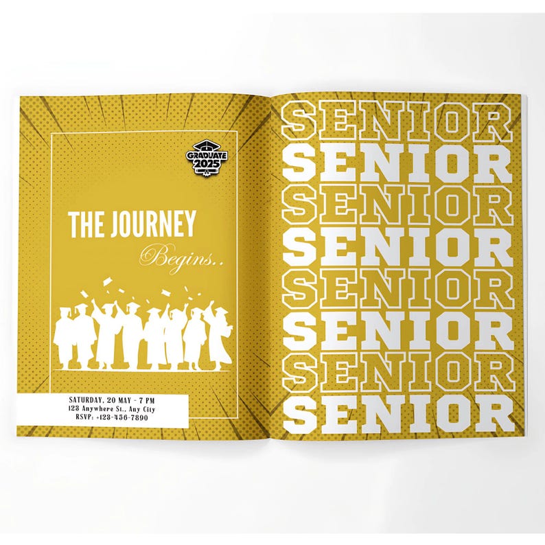 May include: A yellow and white graduation invitation with the text "The Journey Begins..." and a silhouette of a group of people throwing their caps in the air. The text "Senior" is repeated eight times on the right side of the invitation.