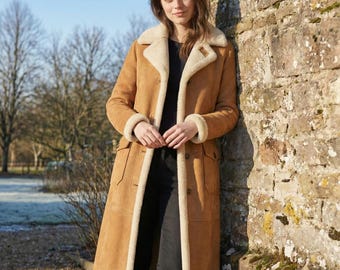 Men's Long Shearling Coat | Tan Suede & Sherpa Lined Winter Trench | Warm Overcoat