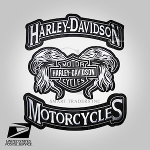 Harley Davidson Doubel Eagle Top Bottom Rockers Embroidery Patch Set Back White Iron On Sew Ship From USA